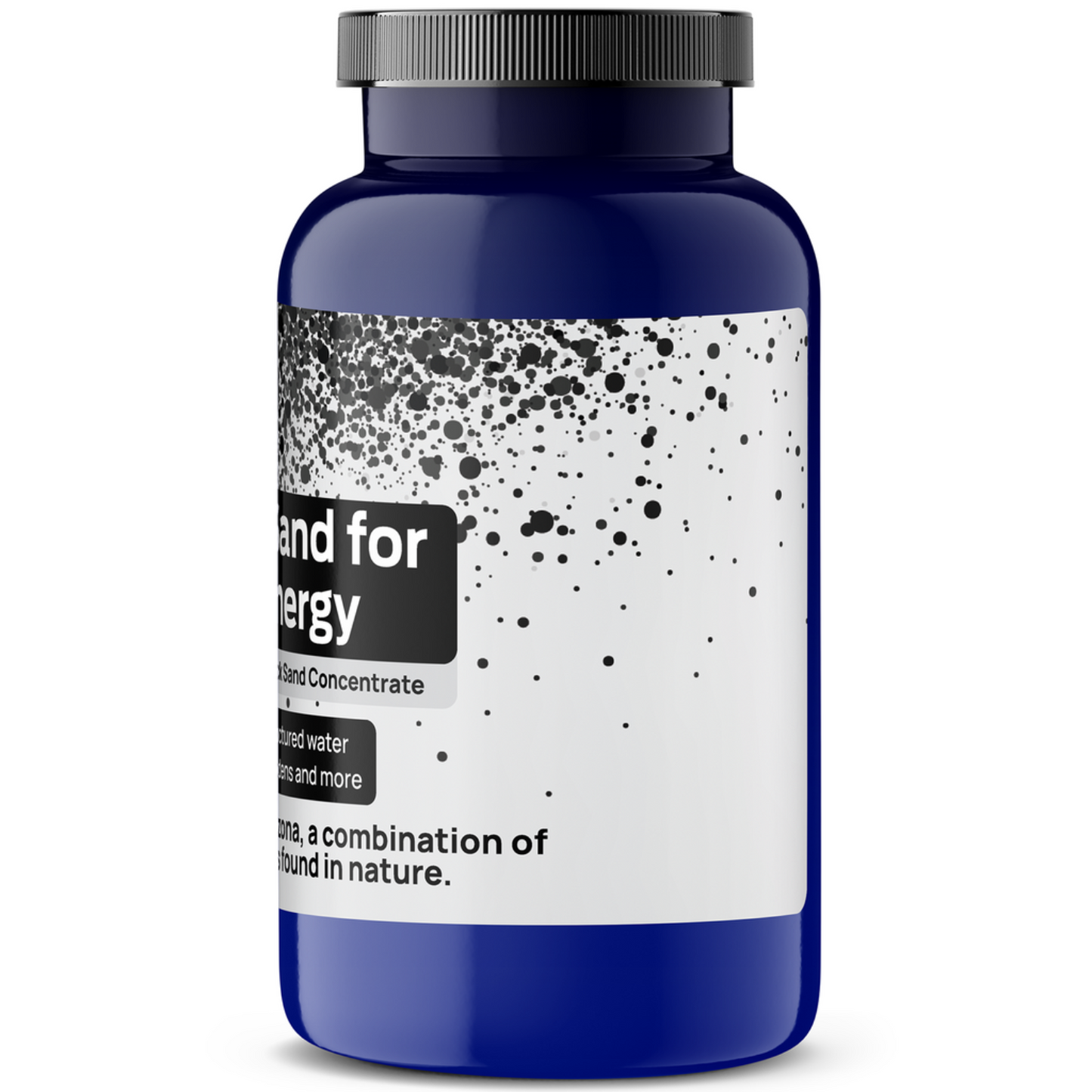Blue supplement bottle with white label on a white background