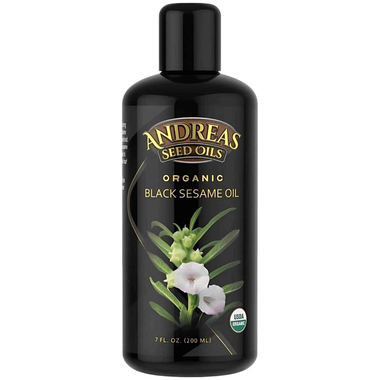 Organic Black Sesame Seed Oil in a stylish black bottle with botanical design, 7 fl oz, from Andreas Seed Oils.