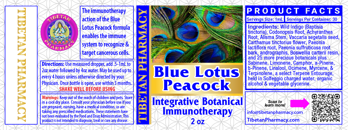 Label of Blue Lotus Peacock integrative botanical immunotherapy from Tibetan Pharmacy
