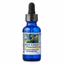 blue glass dropper bottle with black rubber lid and white label with blue text and peacock feather, Tibetan Pharmacy Blue Lotus Peacock, Integrative Botanical Immunotherapy, 1oz