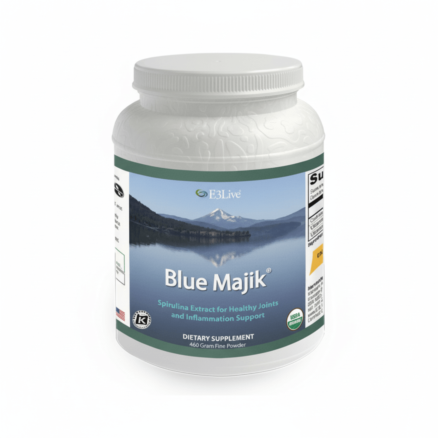 Blue Majik Spirulina Extract for healthy joints and inflammation support, E3Live dietary supplement in a white jar.