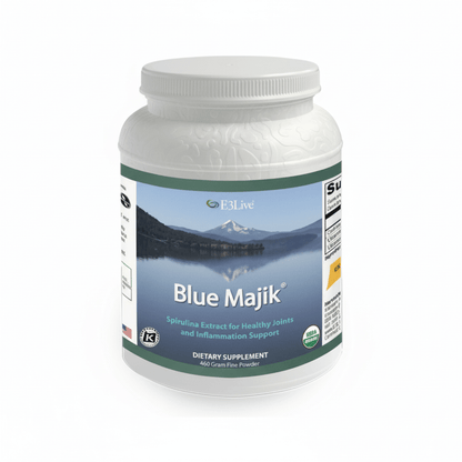 Blue Majik Spirulina Extract for healthy joints and inflammation support, E3Live dietary supplement in a white jar.