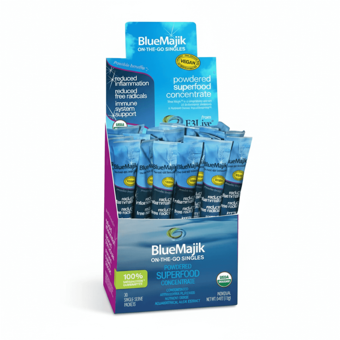 Blue Majik Spirulina Extract powdered superfood concentrate packaging with single servings.