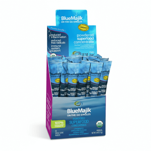 Blue Majik Spirulina Extract powdered superfood concentrate packaging with single servings.