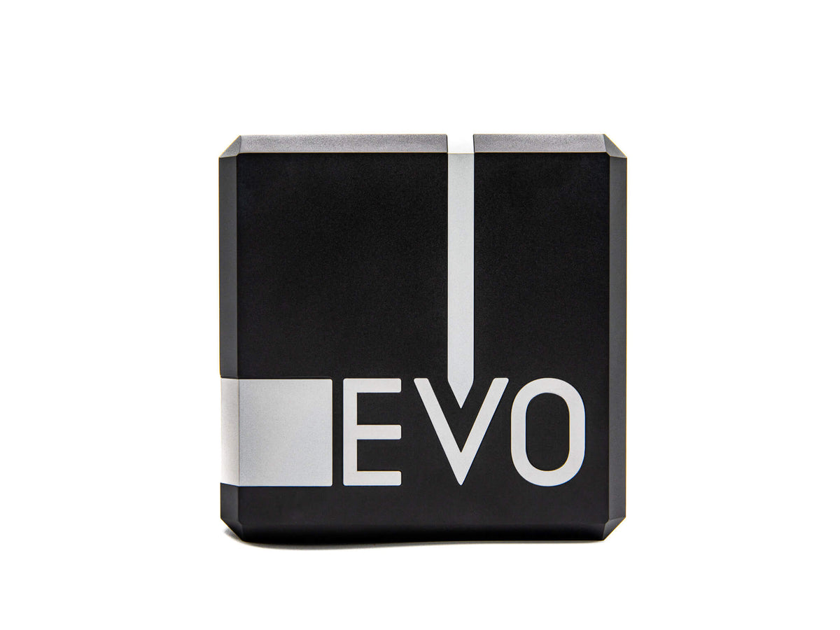 A black rectangular block with a white vertical arrow pointing down and the word 'EVO' in large white letters, shown on a plain white background.