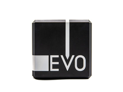 A black rectangular block with a white vertical arrow pointing down and the word 'EVO' in large white letters, shown on a plain white background.
