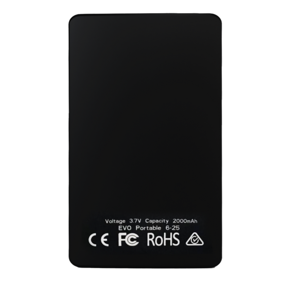 Black portable EVO pack with specifications on a white background