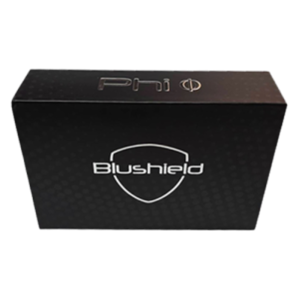 Black Blushield box with logo on a white background