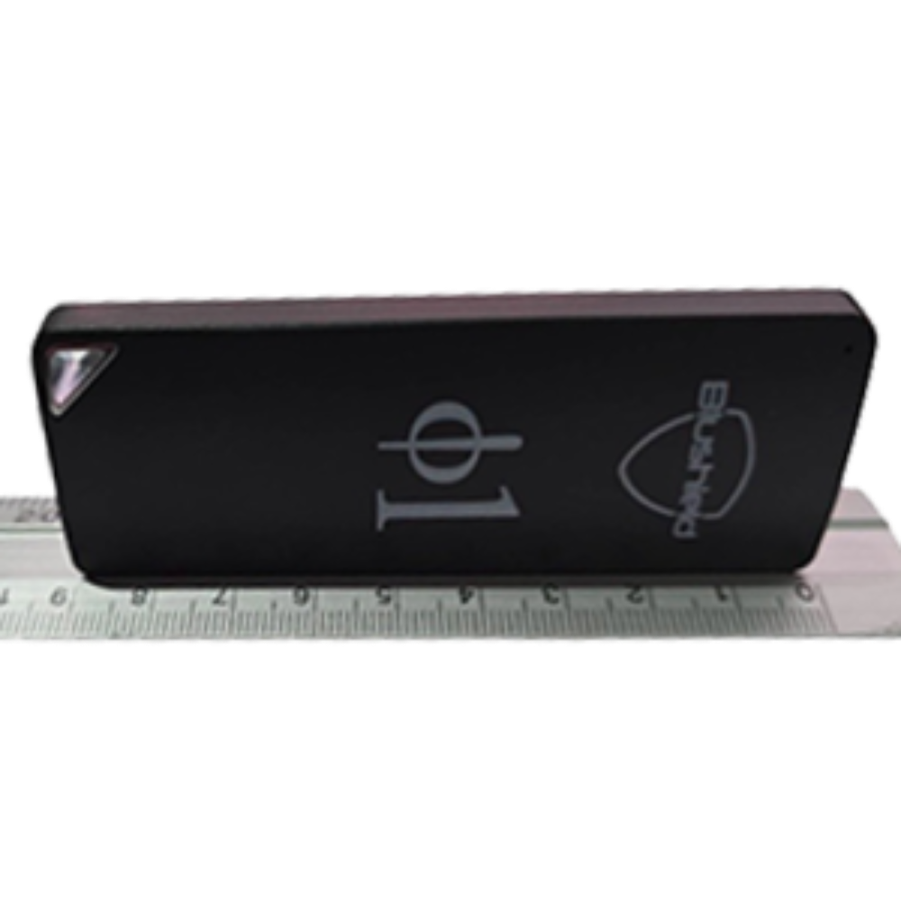 Blushield Phi Φ1 Portable device with symbols and logo on a white background