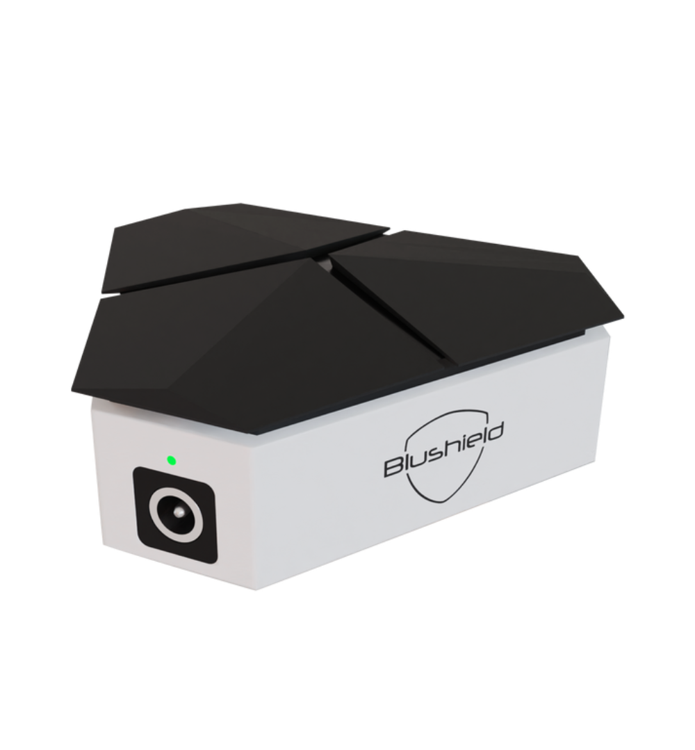 White electronic device with black top and 'Blushield' branding on a white background
