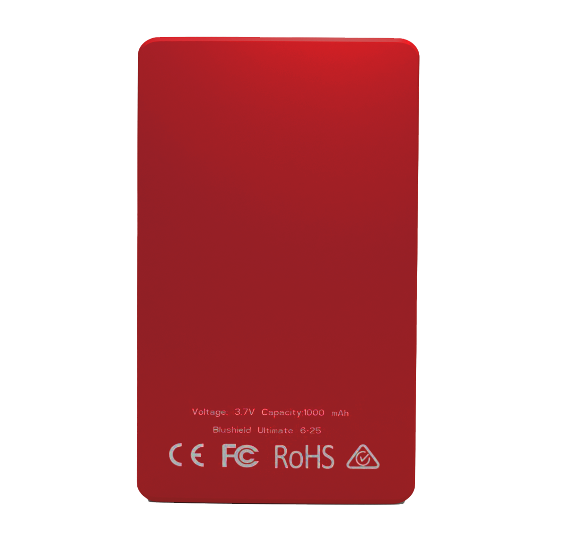Red portable battery pack with text on a white background