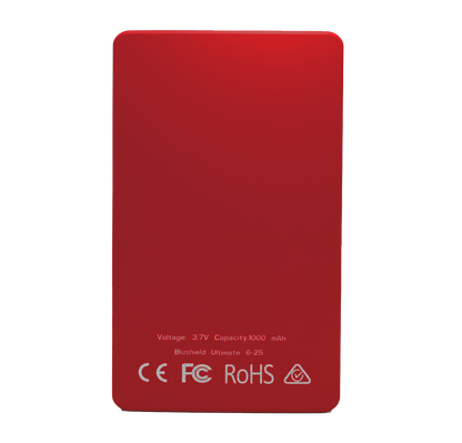 Red portable battery pack with text on a white background