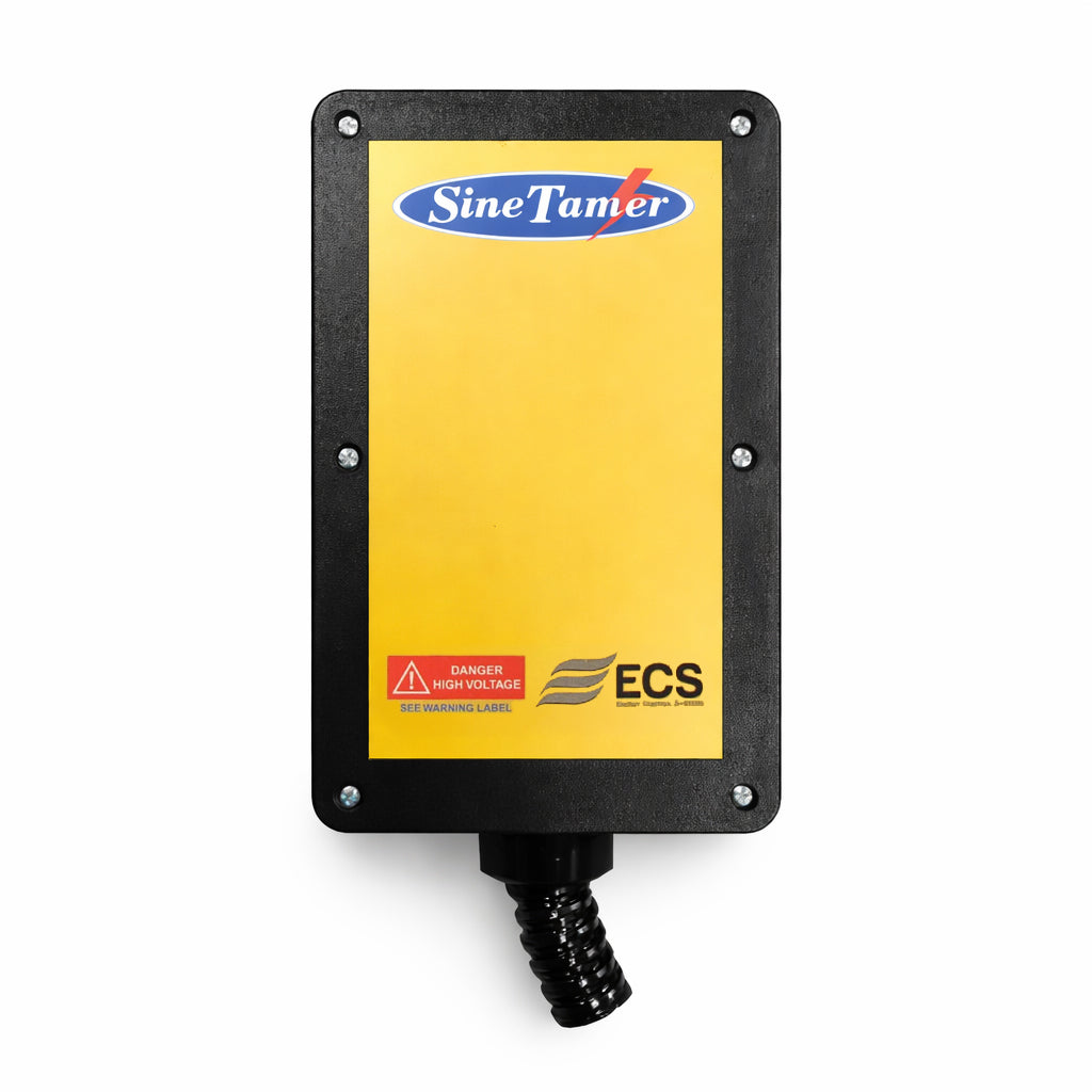 Sine Tamer Dirty Electricity Whole House Filter front view with yellow label and high voltage warning.