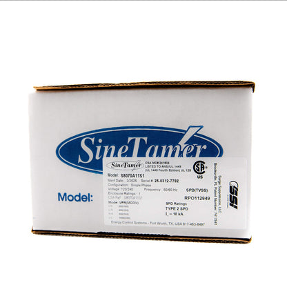 Sine Tamer Dirty Electricity Whole House Filter box showing product details and specifications.