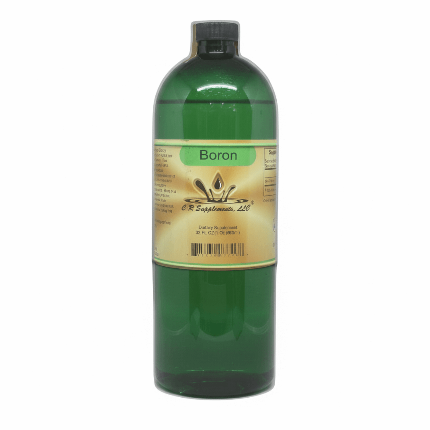 green bottle with black cap and golden yellow label with green stripe and black text, Boron from CR Supplements with their logo showing water drop splash out of circular waves, dietary supplement 32oz