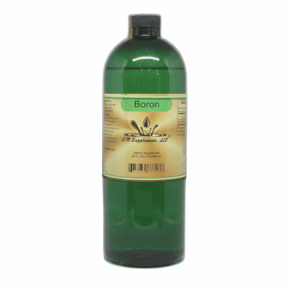 green bottle with black cap and golden yellow label with green stripe and black text, Boron from CR Supplements with their logo showing water drop splash out of circular waves, dietary supplement 32oz