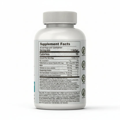 BrainGain Supplement Facts and Ingredients, 90 servings/container, Serving Size 1 softgel, 10 calories/serving