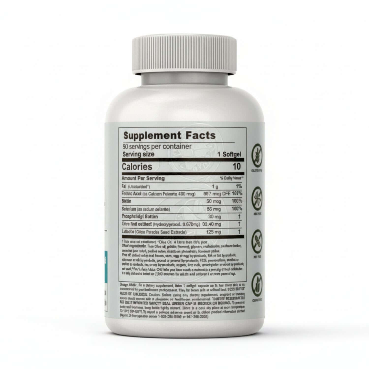 BrainGain Supplement Facts and Ingredients, 90 servings/container, Serving Size 1 softgel, 10 calories/serving