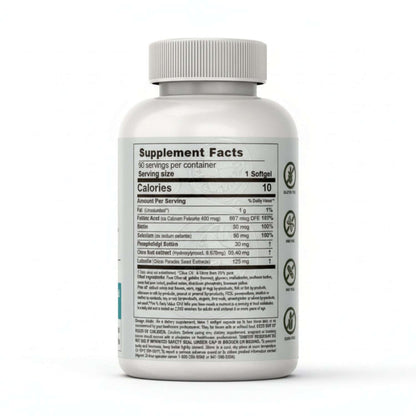 BrainGain Supplement Facts and Ingredients, 90 servings/container, Serving Size 1 softgel, 10 calories/serving