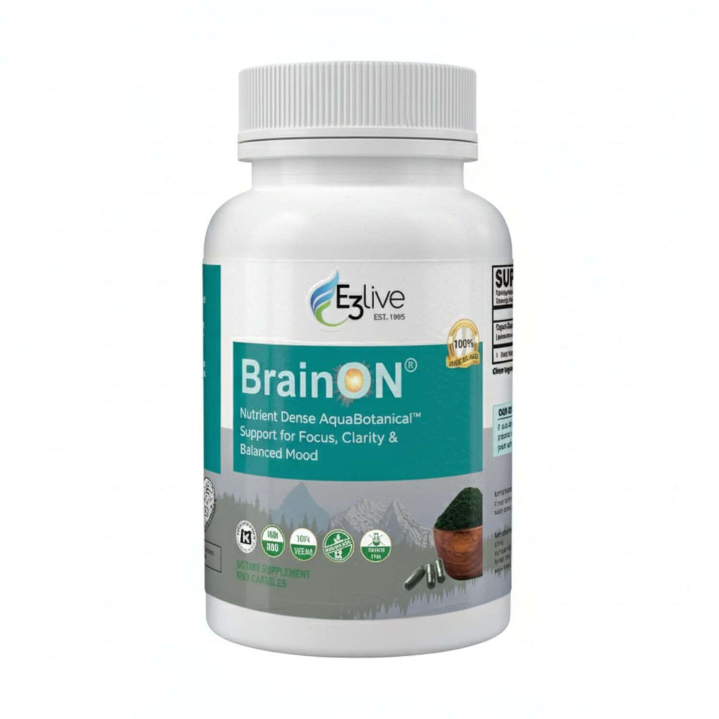 white container with teal and white label with E3Live logo, BrainON with sun inside the letter O, nutrient dense AquaBotanical support for focus, clarity & balanced mood, background image of mountains and lake reflection, with green powder and capsules in foreground