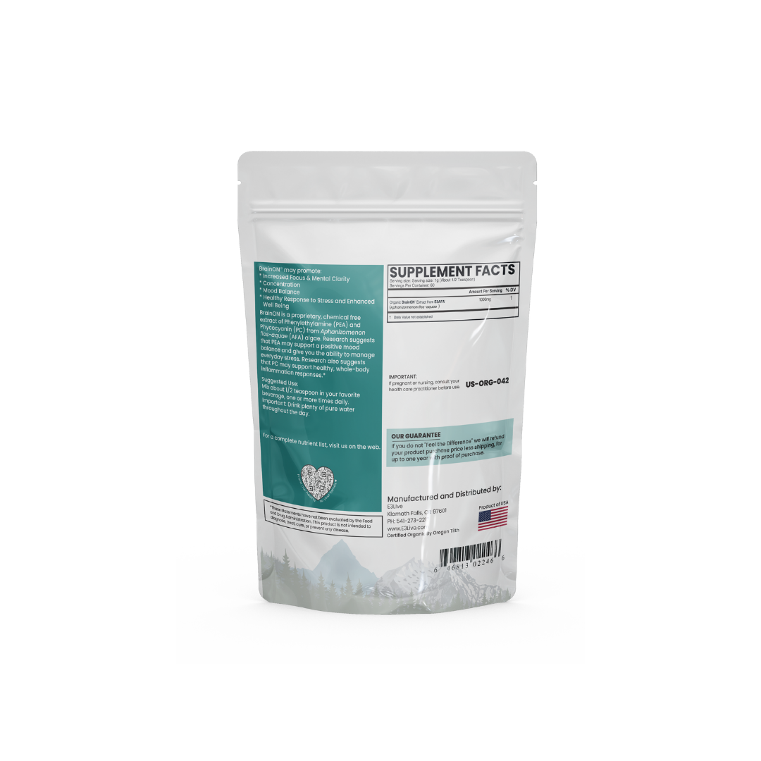 E3 Live BrainON Supplement package with a white background