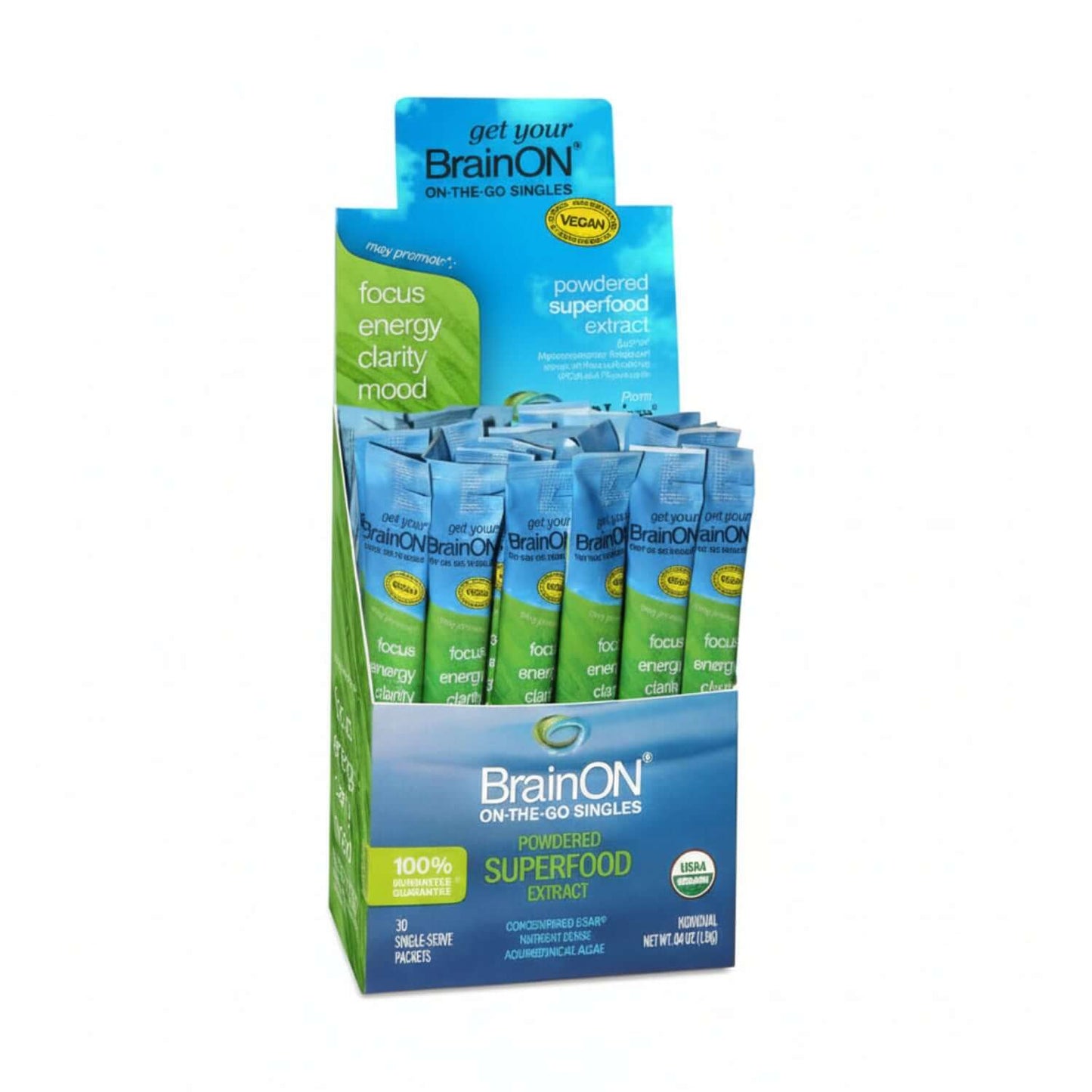 BrainON - Organic AFA Extract on-the-go singles pack for focus and energy support.
