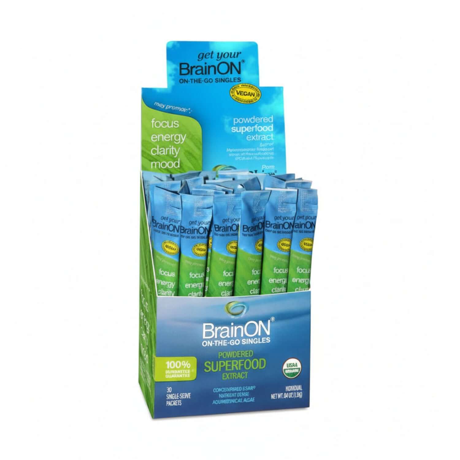 BrainON - Organic AFA Extract on-the-go singles pack for focus and energy support.