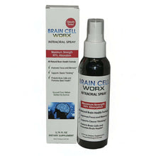 slim white box and spray bottle for BRAIN CELL WORX, Intraoral spray, clinically tested, Maximum Strength, 95% Absorption, All natural brain health formula, improves focus and memory, supports clearer thinking, protects brain cells and promotes brain health, sourced from nature, backed by science, image of white light strings and balls coming out of black silhouette of head, 3.75 oz dietary supplement, patent pending