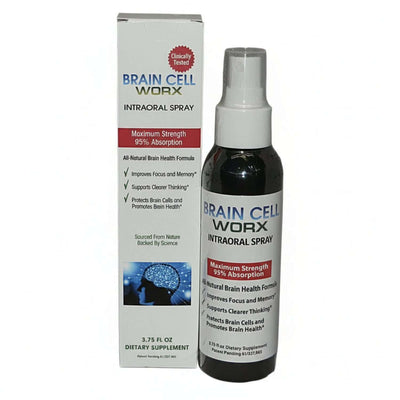 slim white box and spray bottle for BRAIN CELL WORX, Intraoral spray, clinically tested, Maximum Strength, 95% Absorption, All natural brain health formula, improves focus and memory, supports clearer thinking, protects brain cells and promotes brain health, sourced from nature, backed by science, image of white light strings and balls coming out of black silhouette of head, 3.75 oz dietary supplement, patent pending
