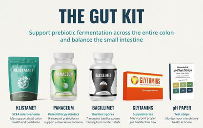 A promotional graphic for The Gut Kit, showing multiple product packages and a pH test strip box arranged on a white background with teal and blue headline text. Visible products include Klistamet, Panaceum, Bacillimet, Glytamins, and pH Paper.