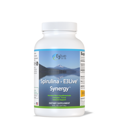 Supplement bottle labeled 'Spirulina + E3Live Synergy' on a white background