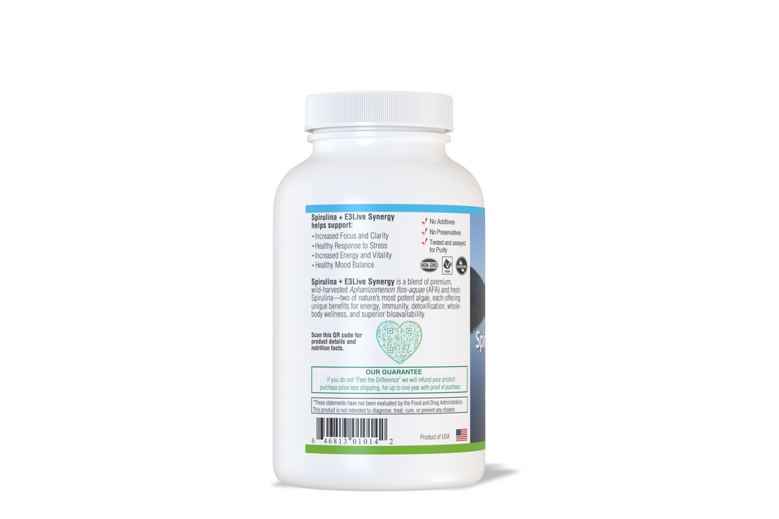 White supplement bottle with label on a white background