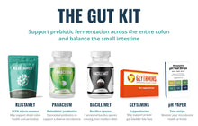 A promotional graphic for The Gut Kit, showing multiple product packages and a pH test strip box arranged on a white background with teal and blue headline text. Visible products include Klistamet, Panaceum, Bacillimet, Glytamins, and pH Paper.