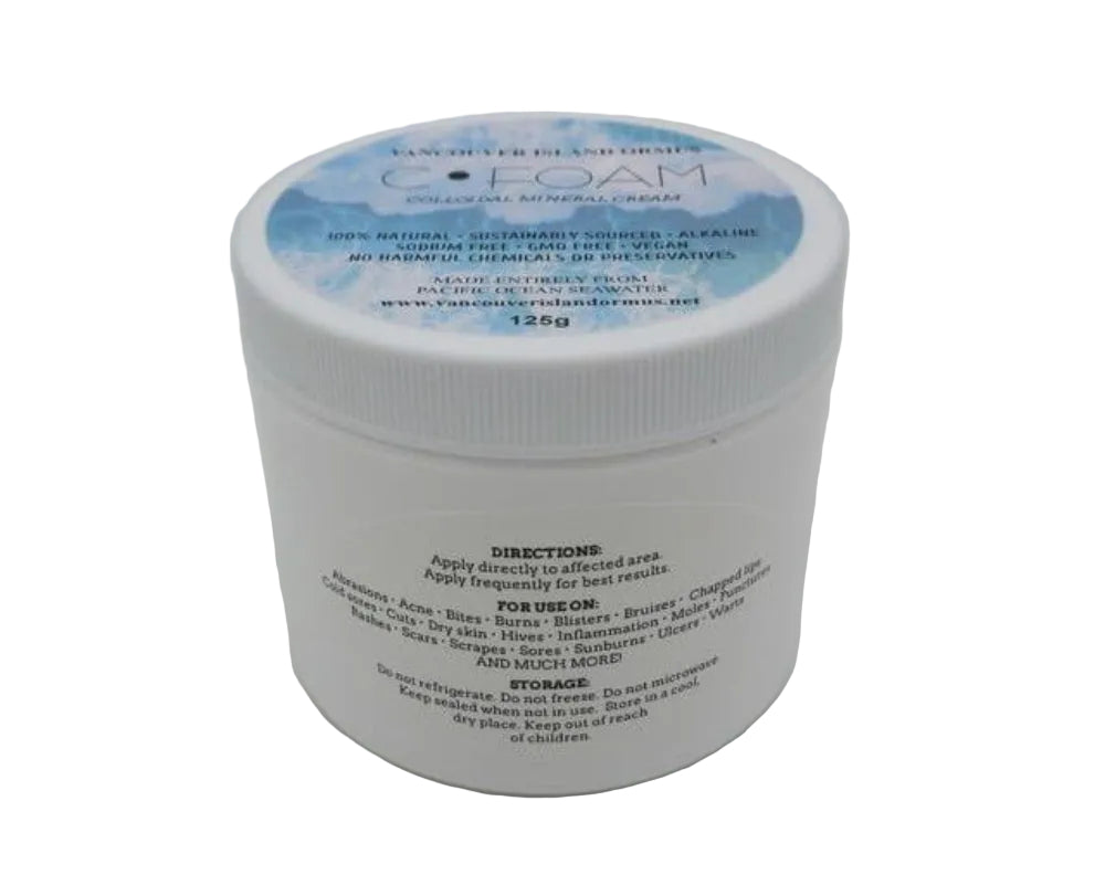 White jar of C•FOAM colloidal mineral cream with a blue label on a white background