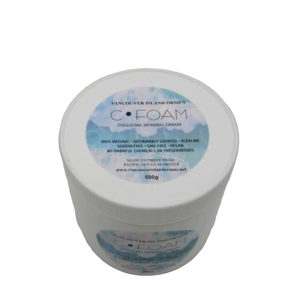 Container of C-Foam colloidal mineral cream with a blue label on a white background