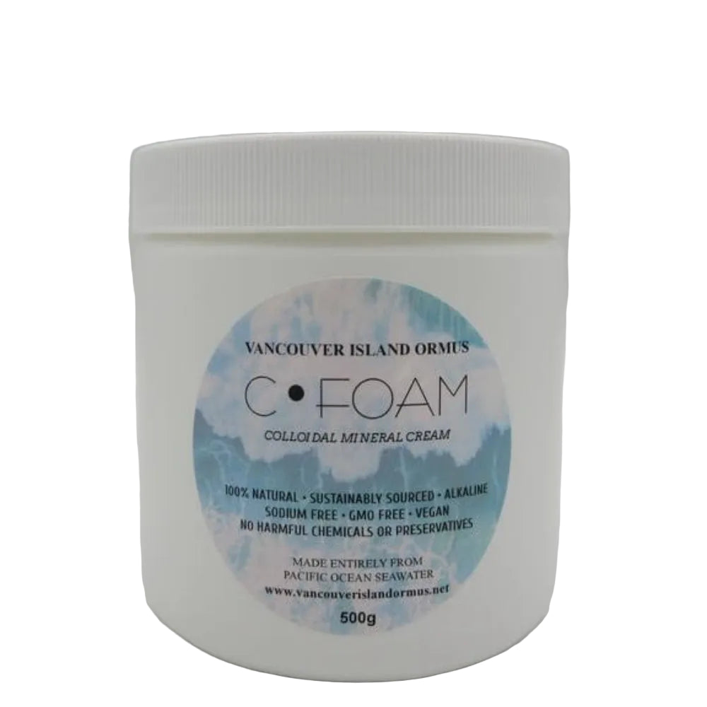 White jar of C•FOAM colloidal mineral cream with a blue label on a white background