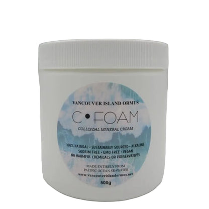 White jar of C•FOAM colloidal mineral cream with a blue label on a white background