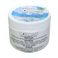 white jar with black text and blue sticker on top, Vancouver Island C-Foam colloidal mineral cream, 100% natural, sustainably sourced, alkaline, sodium free, GMO free, vegan, no harmful chemicals or preservatives, made entirely from Pacific Ocean water, 26g shows Directions for Use and Storage