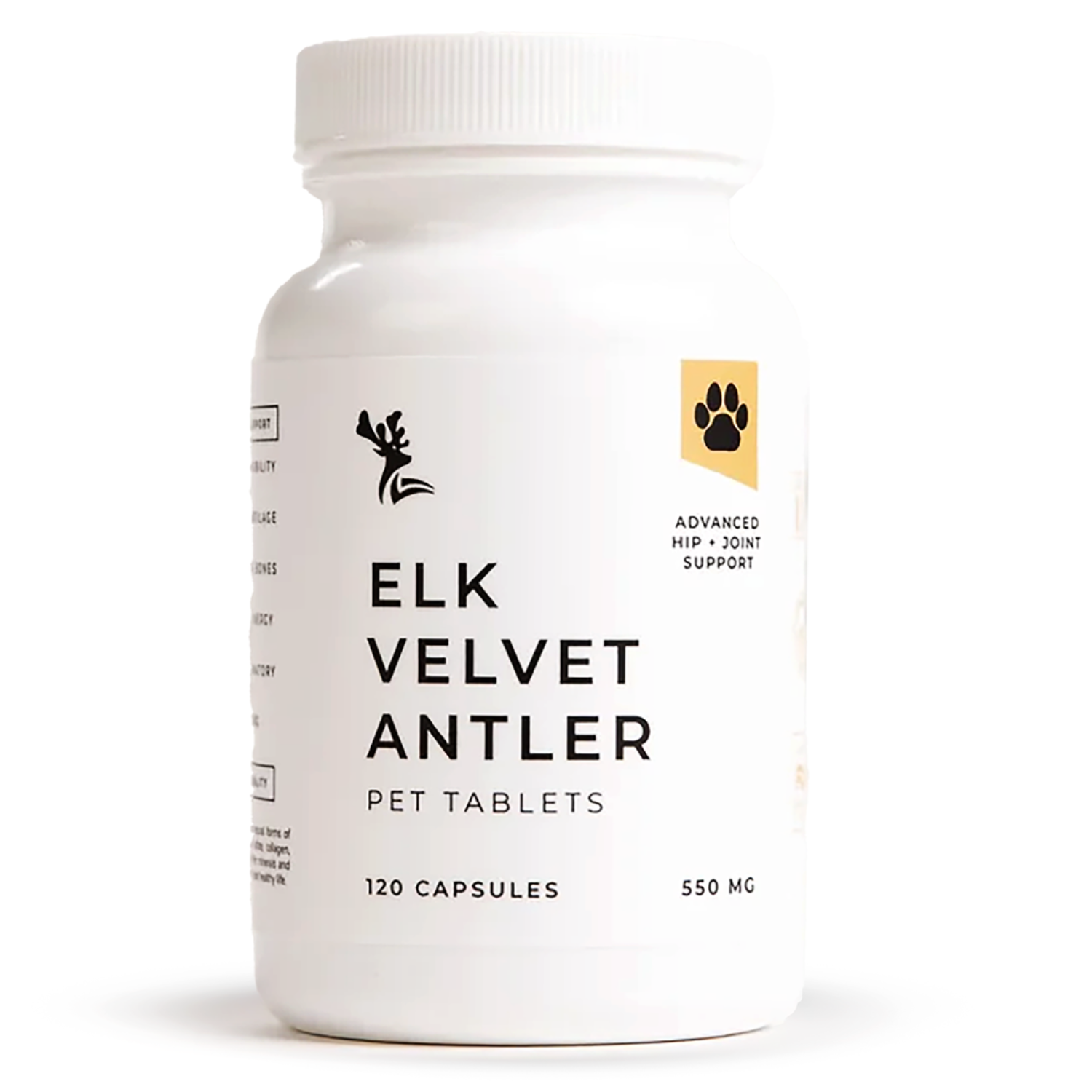Bottle of Elk Velvet Antler Pet Tablets supplements on a white background