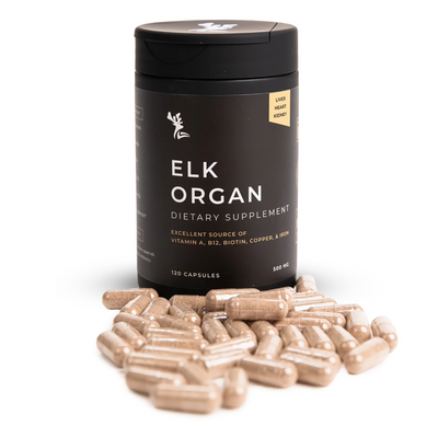 Dietary supplement container labeled 'Elk Organ' with capsules on a white background