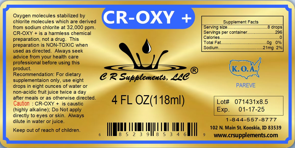 Label of CR-OXY+ liquid concentrate showcasing stabilized oxygen for energy and vitality.