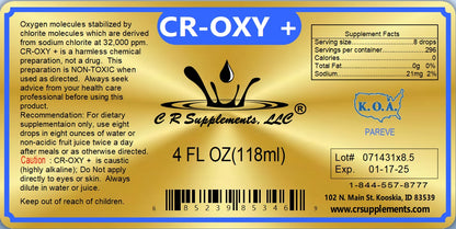 Label of CR-OXY+ liquid concentrate showcasing stabilized oxygen for energy and vitality.