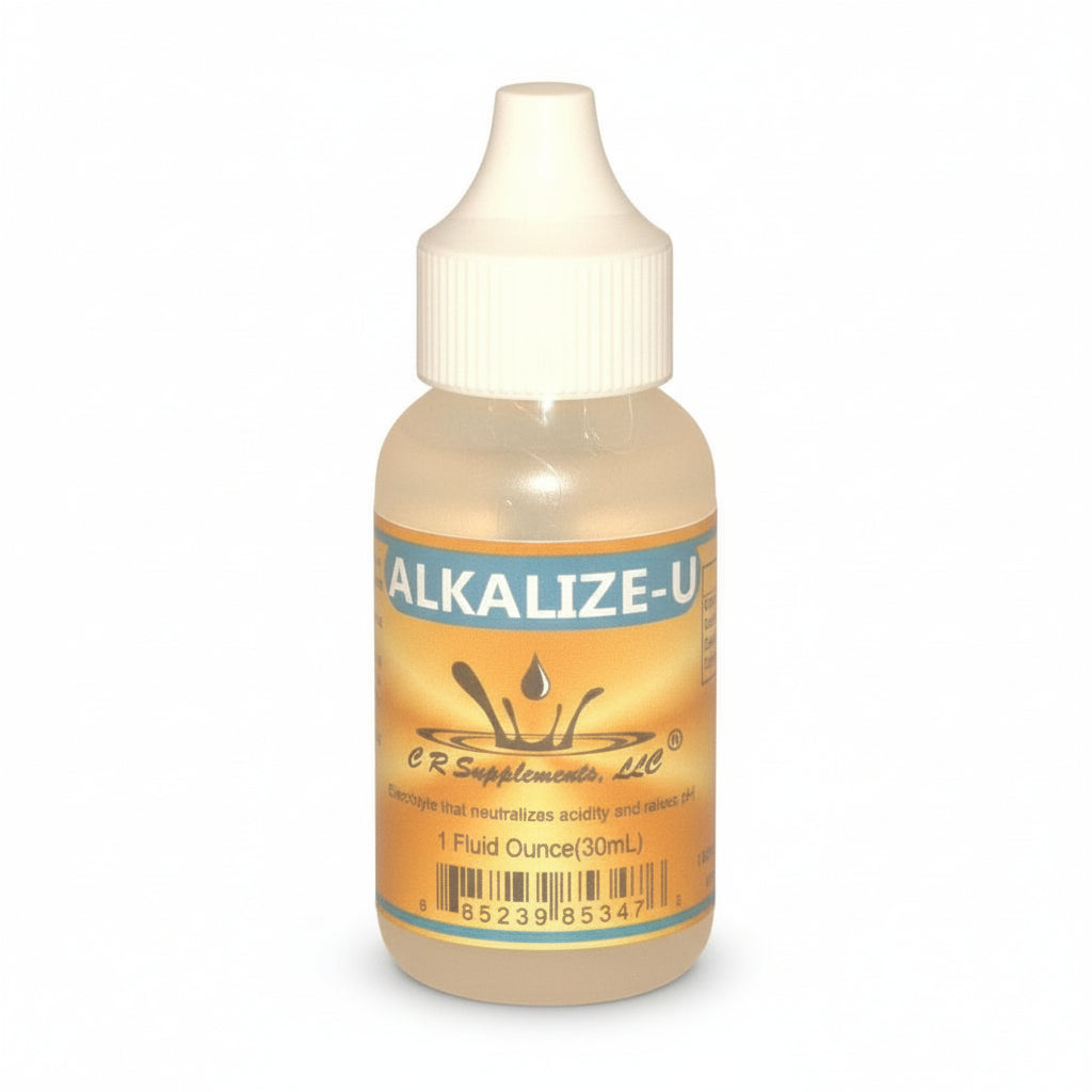 dropper bottle with white cap and yellow label of Alkalize-U from CR Supplements 1oz, electrolyte that neutralizes acidity and restores pH