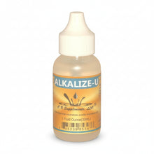 dropper bottle with white cap and yellow label of Alkalize-U from CR Supplements 1oz, electrolyte that neutralizes acidity and restores pH