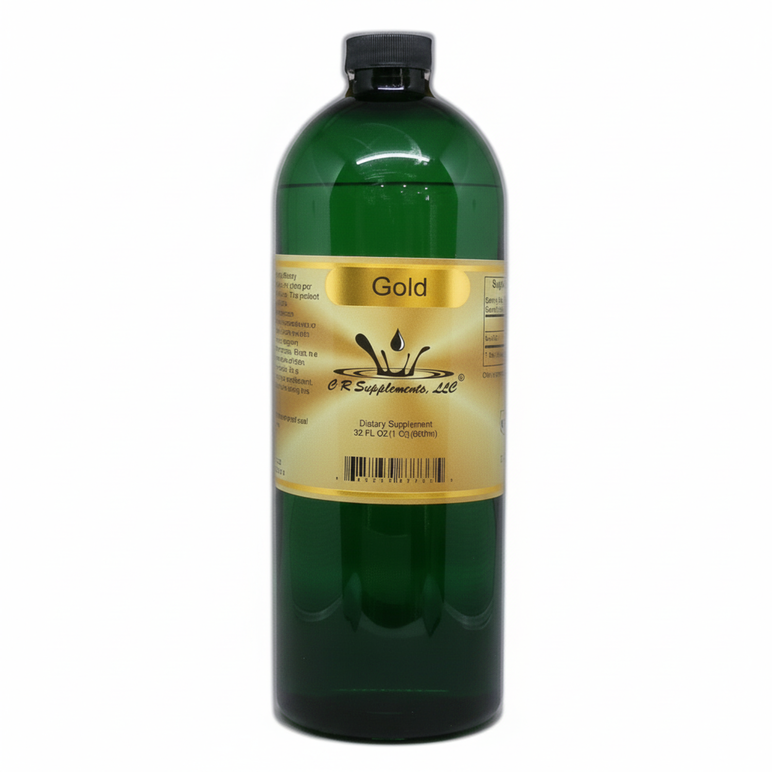 Green bottle of Gold dietary supplement with a yellow label on a white background