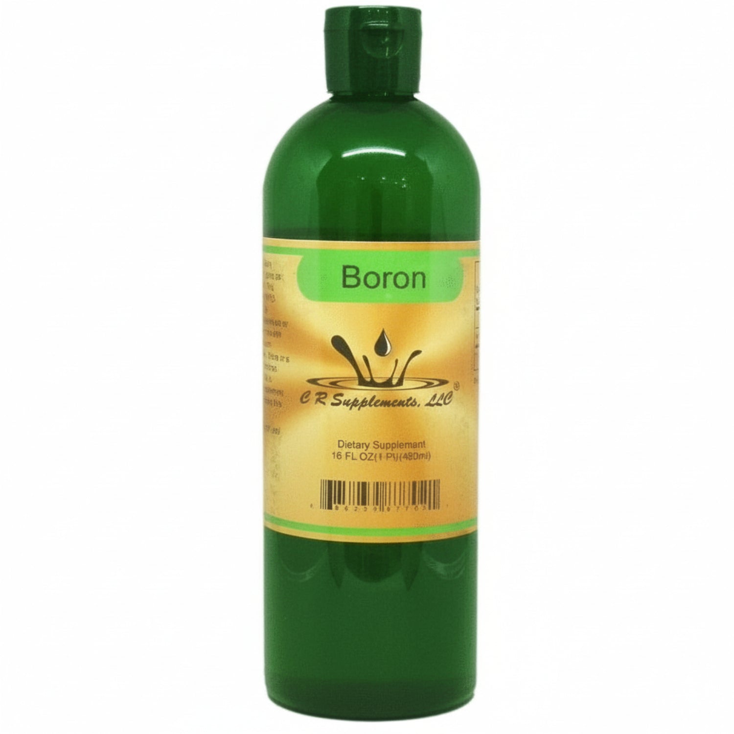 green bottle with black cap and golden yellow label with green stripe and black text, Boron from CR Supplements with their logo showing water drop splash out of circular waves, dietary supplement 16oz