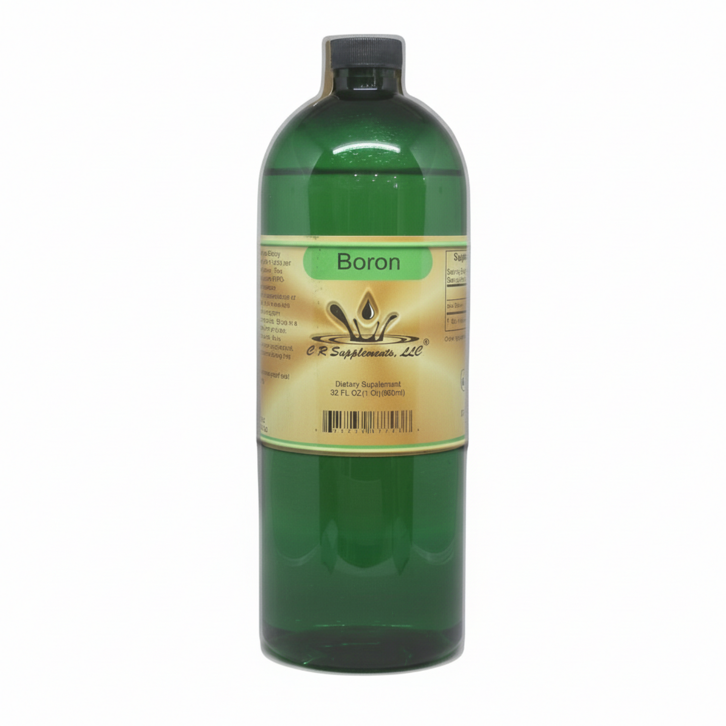 green bottle with black cap and golden yellow label with green stripe and black text, Boron from CR Supplements with their logo showing water drop splash out of circular waves, dietary supplement 32oz
