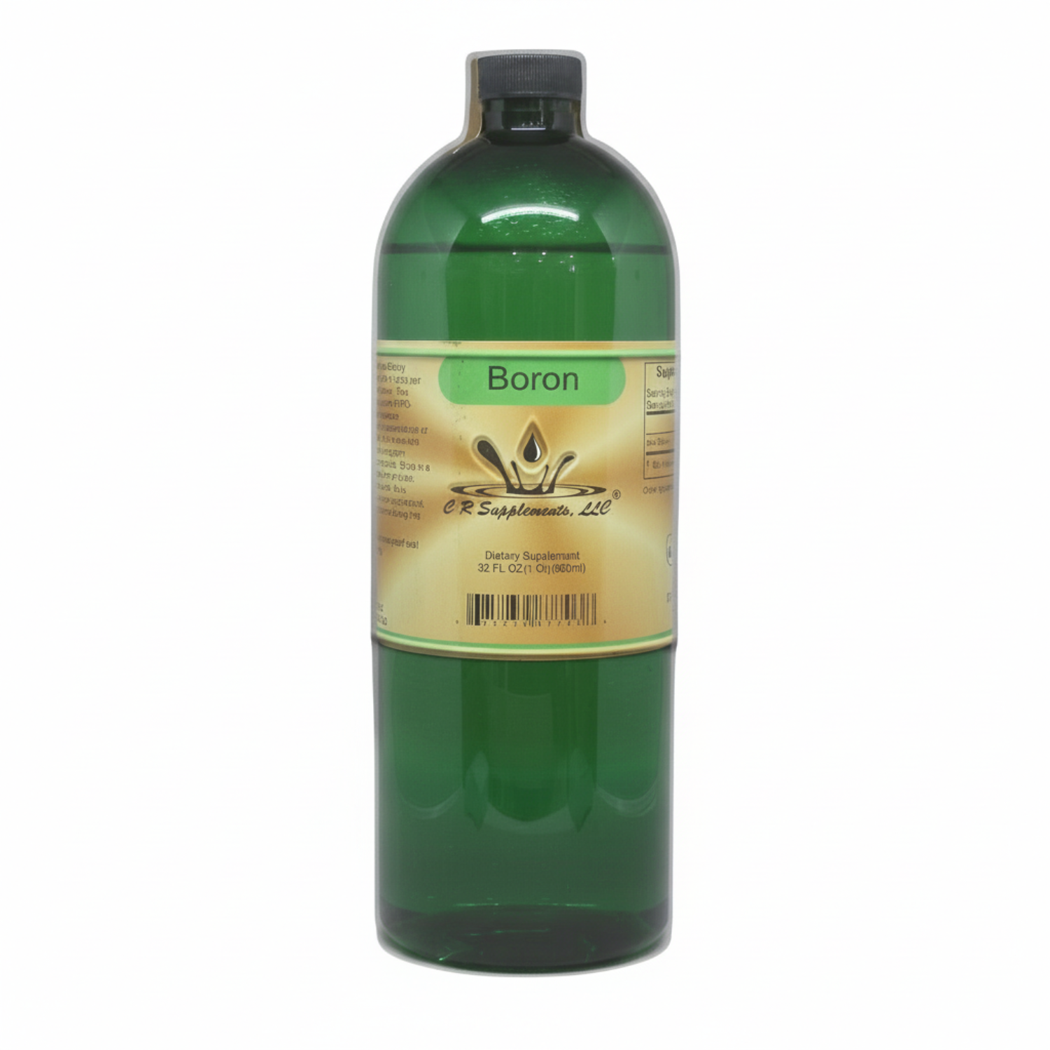 green bottle with black cap and golden yellow label with green stripe and black text, Boron from CR Supplements with their logo showing water drop splash out of circular waves, dietary supplement 32oz