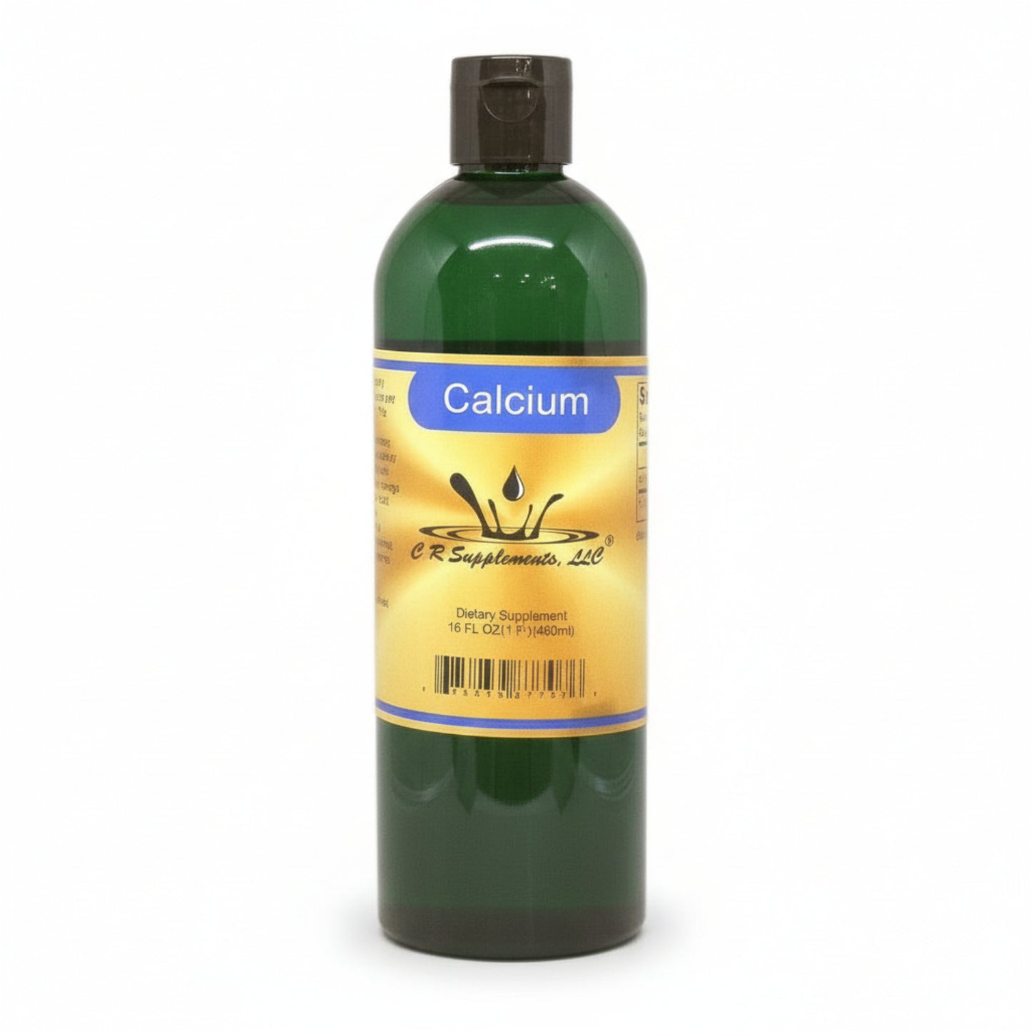 green bottle with black top and yellow gold label with blue behind Calcium, CR Supplements with logo of water drop splashing up, dietary supplement 16oz