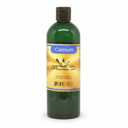 green bottle with black top and yellow gold label with blue behind Calcium, CR Supplements with logo of water drop splashing up, dietary supplement 16oz